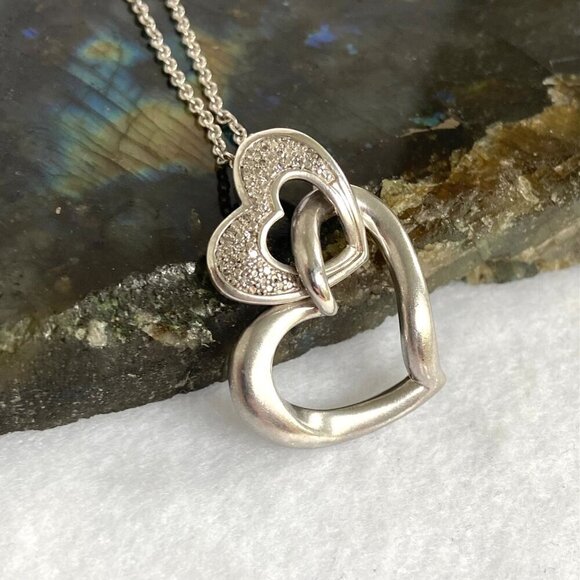 Sterling Silver 925 HOB Double Open Heart Pave Diamond Necklace 19.5" Chain - Picture 5 of 16